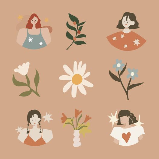 Feminine doodle sticker, cute earthy illustration vector collection